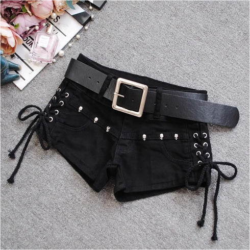 Low Rise Denim Shorts with Lace-Up Detail