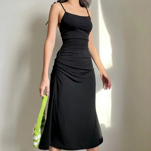 Elegant Black Backless Ruched Dress