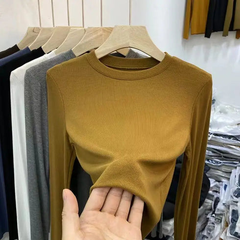 Slim Fit O-Neck Long Sleeve Top for Women