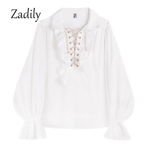 Victorian Gothic Ruffled Lace Up Blouse