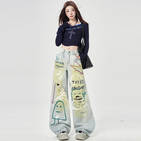 Trendy Y2K Vintage Wide Leg Jeans with Artistic Print