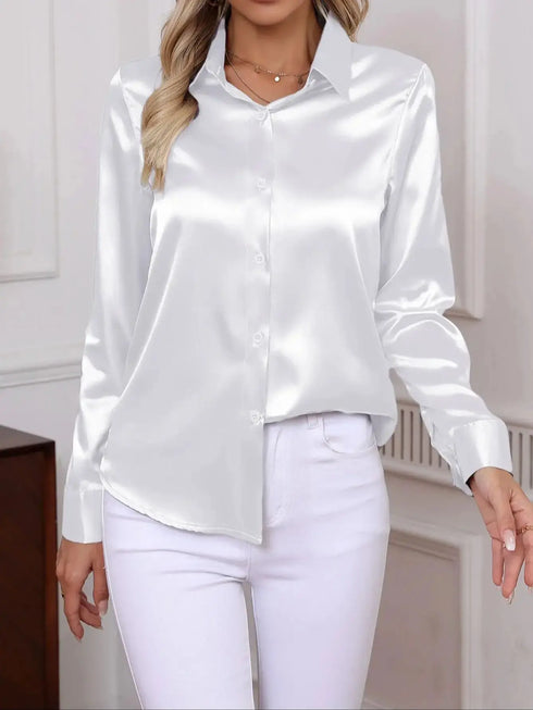 Elegant Turn-down Collar Button-front Satin Long Sleeve Women's Shirt for Daily Commute And Business Casual Wear