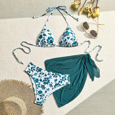 Black Lace-Up Three-Piece Bikini Set