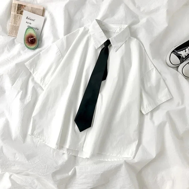 White Short-Sleeve Shirt with Tie, product view 1