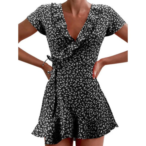 Floral A-Line Mini Dress with Ruffles and V-Neck