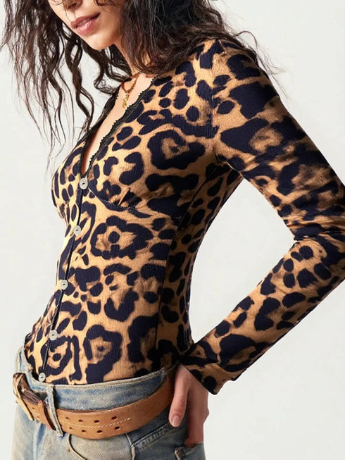 Women's Long Sleeve Cardigan Leopard Print Deep V Button Front Ribbed Lace Trim Spring Summer Retro Trendy Daily Dating Casual
