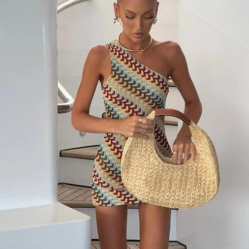 Irregular Printed Knitted Mini Dress for Women Chic Backless Summer Beach Dress Slim Fit Ankle Length for Holiday Party