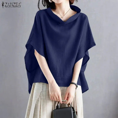 2025 ZANZEA Stylish Office Shirt Women Blouse Chic Pile Collar Half Sleeve Solid Tops Female OL Work Blusas Mujer Loose Chemise