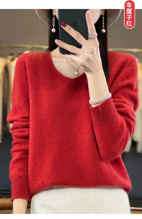 100% Merino Wool V-Neck Pullover Sweater for Women