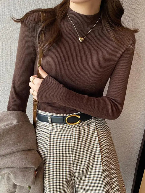 Chic Mock Neck Knitted Pullover Sweater