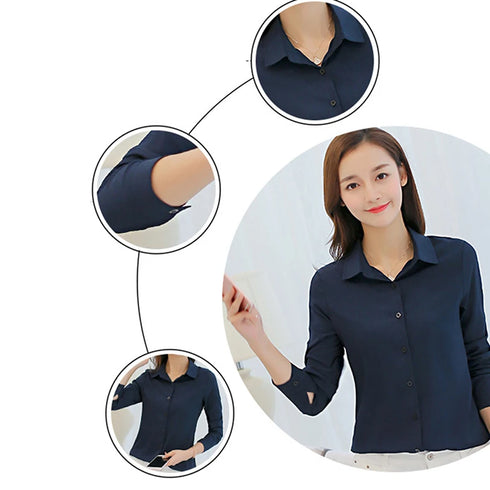 GAOKE OL Work Wear White Blue Blouse Long Sleeve Turn-down Collar Formal Elegant Female Shirt Ladies Tops School