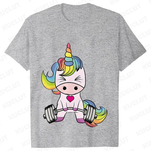 Whimsical Unicorn Weightlifting T-Shirts for Women | Trendy Fitness Graphic Tees for Summer Workouts