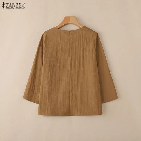 2025 ZANZEA Autumn Blouse Women V Neck Long Sleeve Tops Casual Solid Loose Shirt Female OL Work Blouses Retro Tunic Blusas Mujer