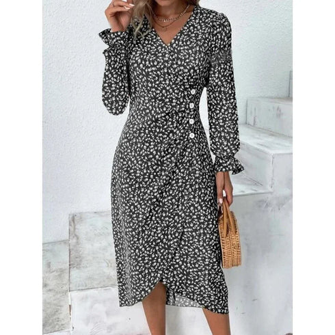 Elegant Floral Pleated Midi Dress with V Neck Puff Sleeves
