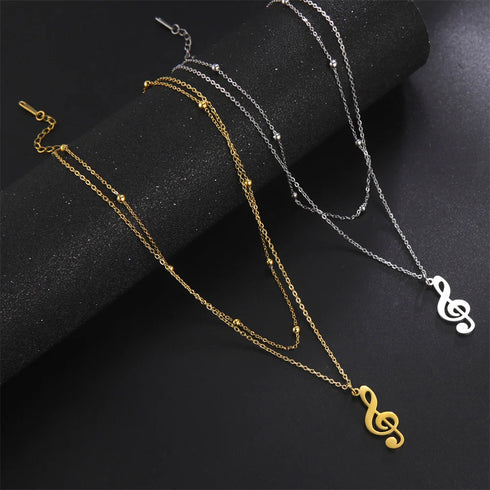 Lemegeton Stainless Steel Musical Note Pendant Necklace Double Layered Beads Chain Women Punk Hip Hop Jewelry Gifts
