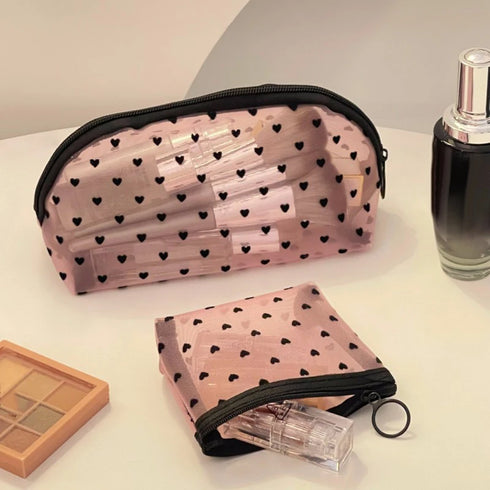 Heart Transparent Mesh Makeup Bag - Portable Cosmetic Pouch