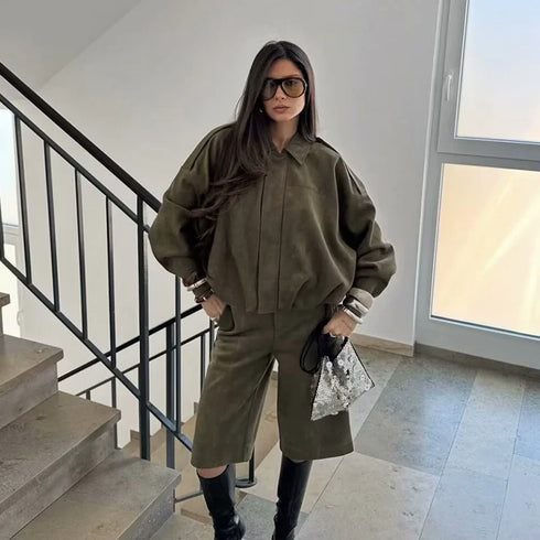 Women's High Waisted Casual Shorts & Long Sleeve Jacket Set