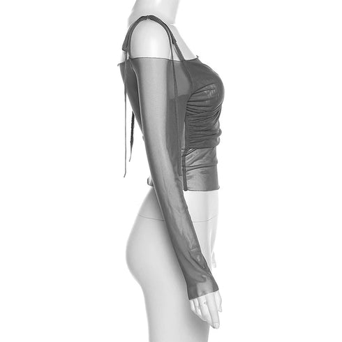 Women's Y2K Streetwear Solid Slash Neck Crop Top Sexy Off-Shoulder Long Sleeve Slim Mesh Tee Straps T-Shirt