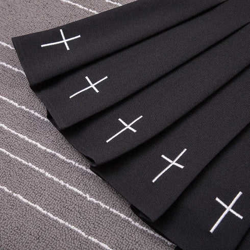 High Waist Pleated Skirt with Cross Embroidery