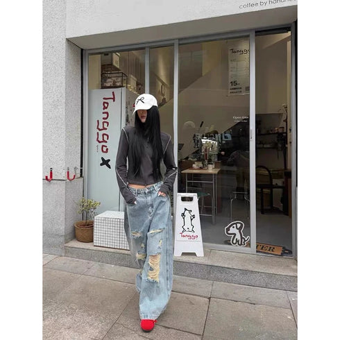 YIBASHU Women's Ripped Wide Leg Jeans