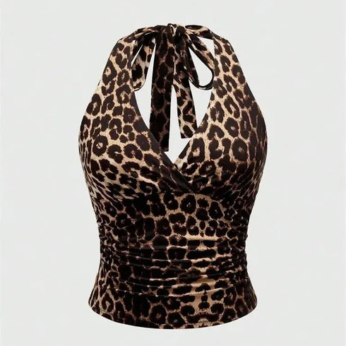 Leopard Print V-Neck Backless Halter Crop Top