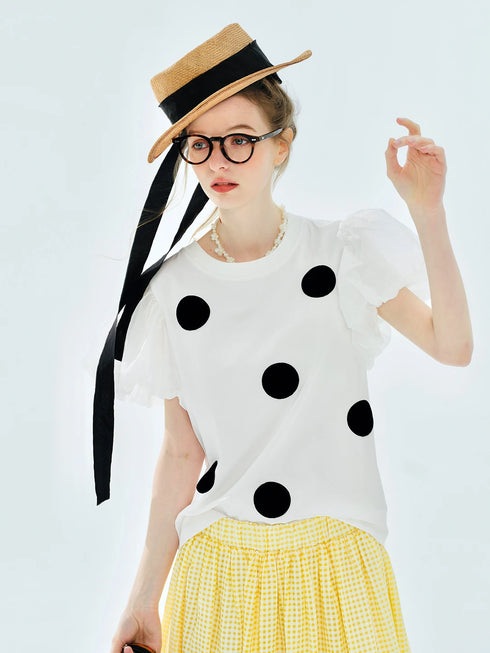 Women's White Polka Dot Puff Sleeve Blouse