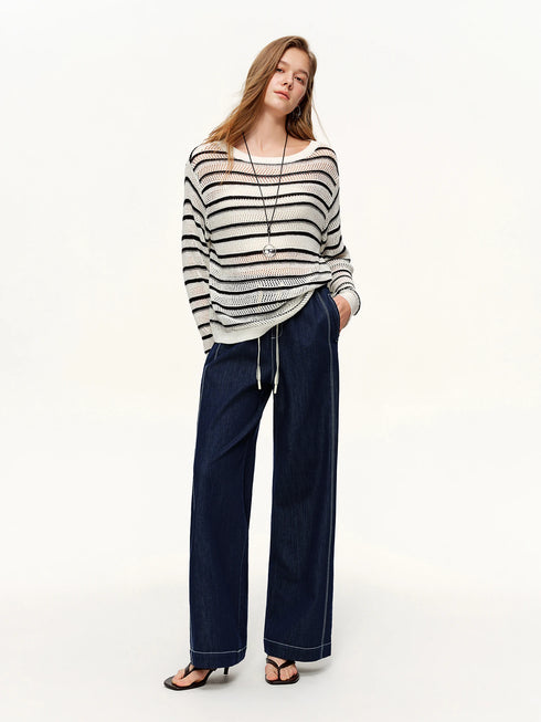 DUSHU Women's Contrast Topstitching Straight Leg Jeans