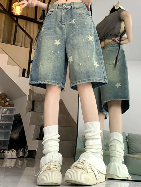 High Waist American Retro Wide Leg Denim Shorts