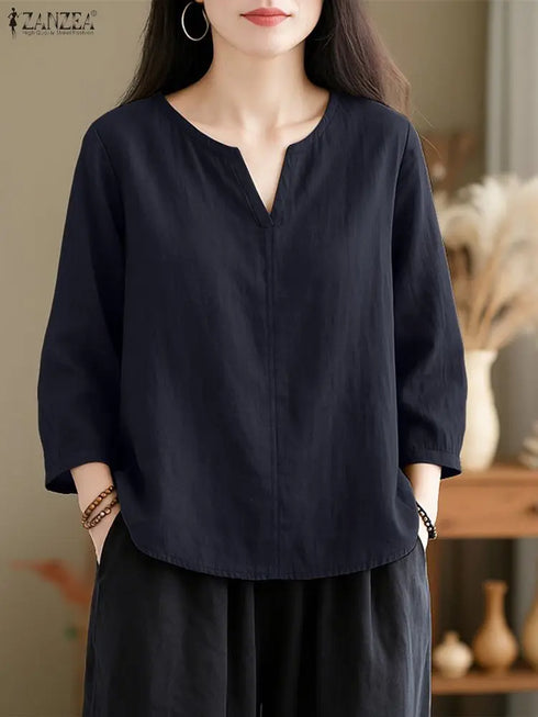 2025 ZANZEA Autumn Blouse Women V Neck Long Sleeve Tops Casual Solid Loose Shirt Female OL Work Blouses Retro Tunic Blusas Mujer