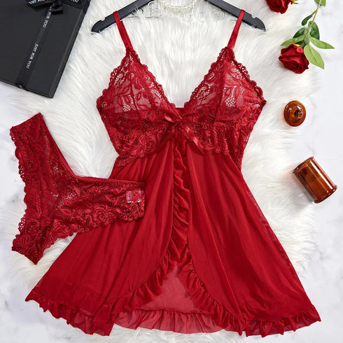Lace and Mesh Ruffle Babydoll Nightgown