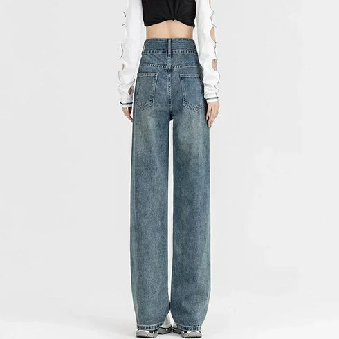 High Waist Denim Jeans with Double Buckle Design