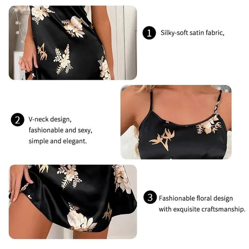 Floral Print Silk Nightdress for Women