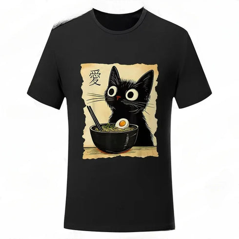 Cat Ramen Pattern Cute Kitten Eating Noodles Women's Print Summer T-shirt Fashion Retro puls si Outfit aesthetic clothes Y2K top