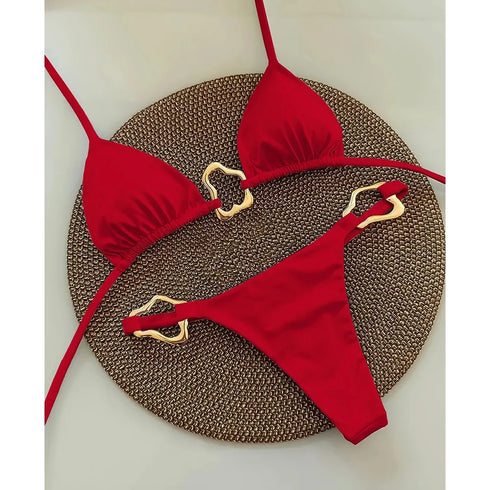 Solid Colour Lace-Up Two-Piece Bikini Set