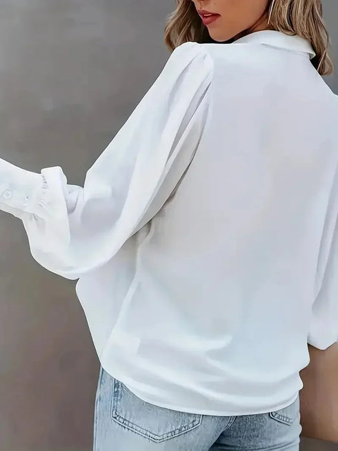 Plus Size Long Sleeve Loose Blouse with Lapel Neck