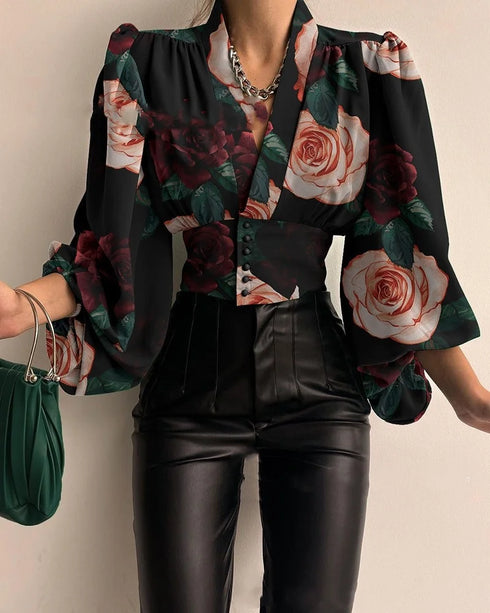 Elegant Lantern Sleeve V-Neck Blouse