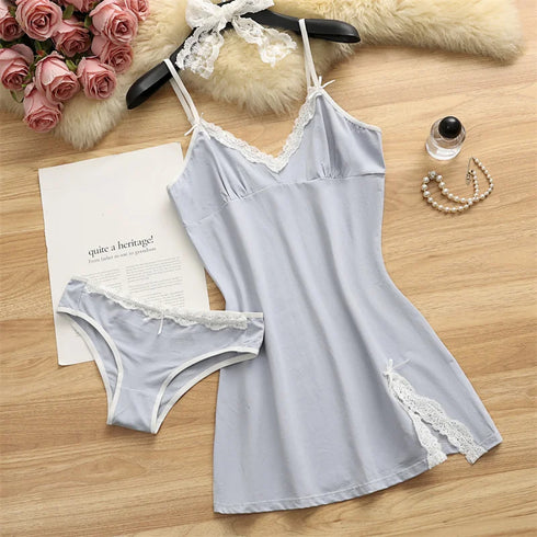 Cotton Lace Suspender Nightdress Set for Women