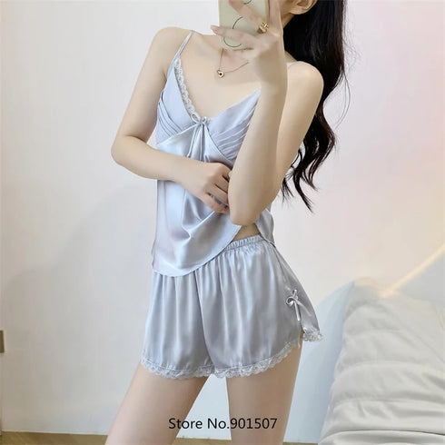 Lace-Up Cami & Shorts Pyjama Set in Various Colours