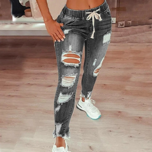 Women's Mid Waist Lace-Up Slim Fit Denim Jeans