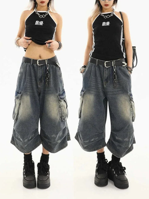 High Waist Vintage Blue Denim Cargo Pants