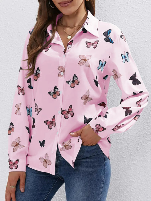 Women's Long-Sleeved Butterfly Print Loose Shirt