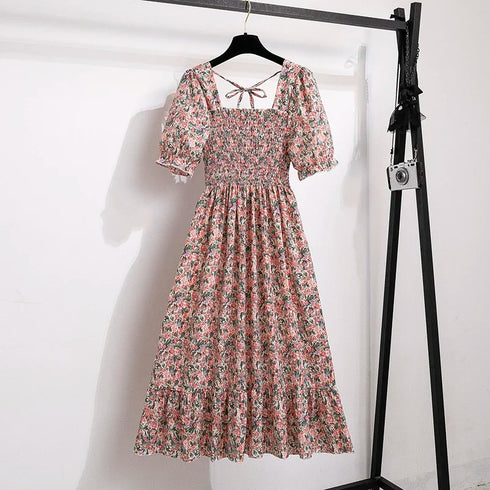 Floral A-Line Chiffon Dress with Short Sleeves