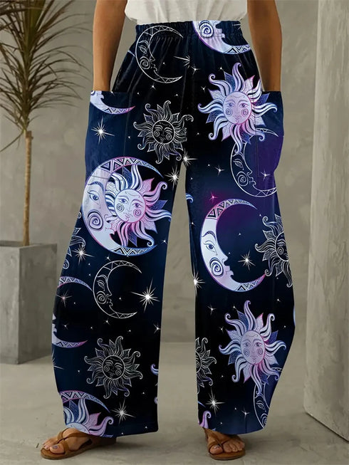Abstract Star and Moon Print Wide-Leg Pants