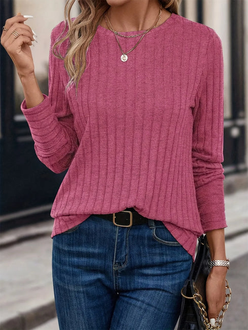 Solid Colour Round Neck Ribbed Long Sleeve Top