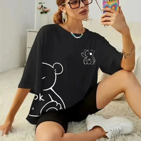 Womans Cotton T-Shirts Kawaii OK Teddy Bear Graphic Tees