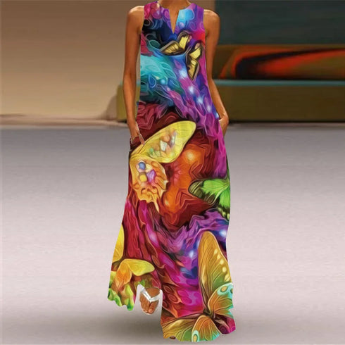Fresh Floral Print Summer Open Neck Long Dress V-neck Sleeveless Beach Dress with Pockets
