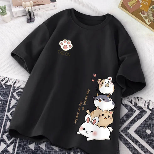 Summer Trendy Simple Cat Printed Short-sleeved T-shirt for Ladies and Boys Same Loose Casual Large-size Top