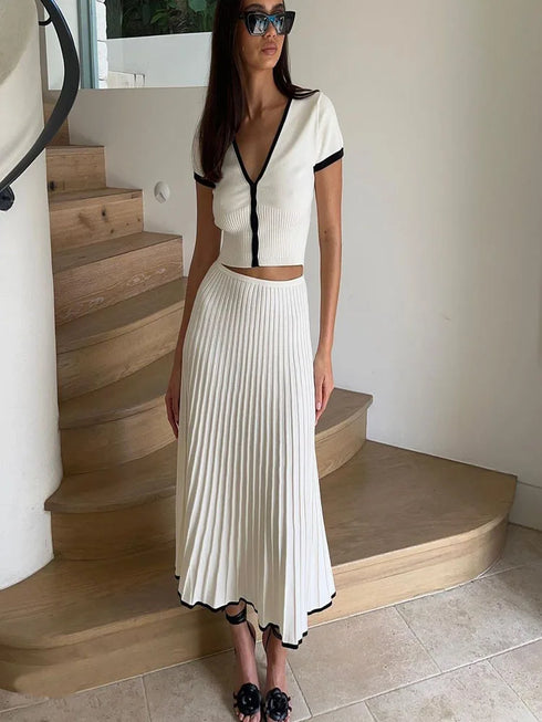 Elegant White Pleated Skirt Set with Short Sleeve Top