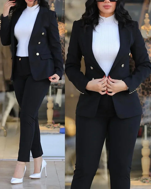 Notched Neck Blazer & High Waist Pants Set for Women