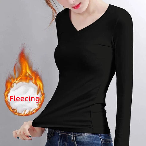 O Neck V Neck Long Sleeve Shirt Women Winter Bottoming Crop Tops Black Casual Slim Basic Velvet Heating Fiber Thermal T-Shirts